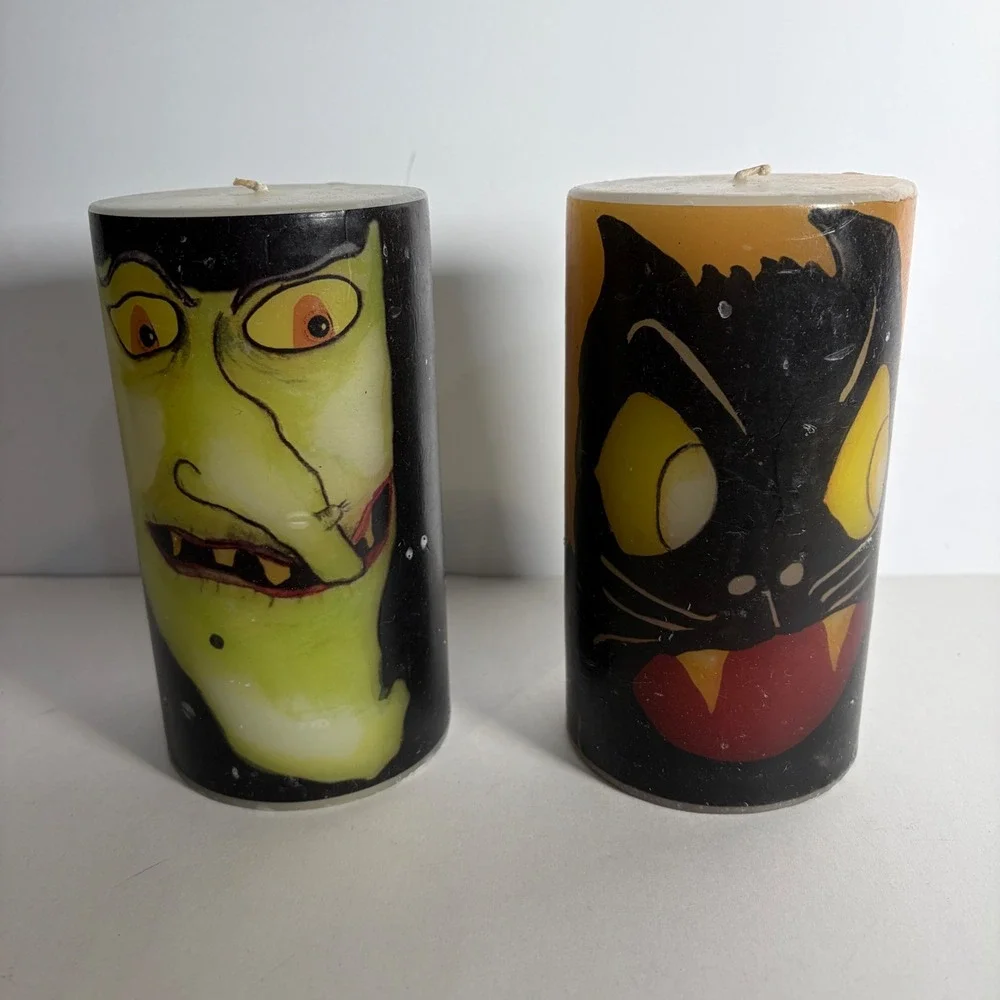 VTG Style Halloween Pillar Candles Set Green Witch Black Cat Fangs 6in Decor